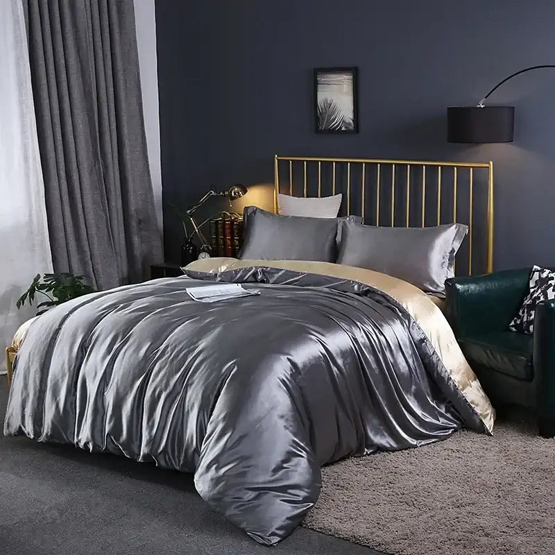 Decorbites™ luxurious bedding ensemble metallic gray satin duvet cover set with subtle gold lining pcs suitable for bed sheet