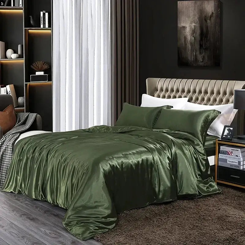 Olive green satin duvet cover set with matching pillowcases from decorbites luxurious bedding ensemble pcs suitable for bed sheet use