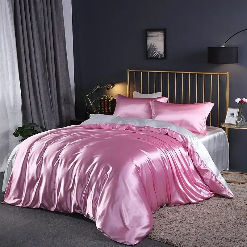 DecorBites™ luxurious pink satin duvet cover set with matching pillows and silver accent pcs suitable for elegant bedding
