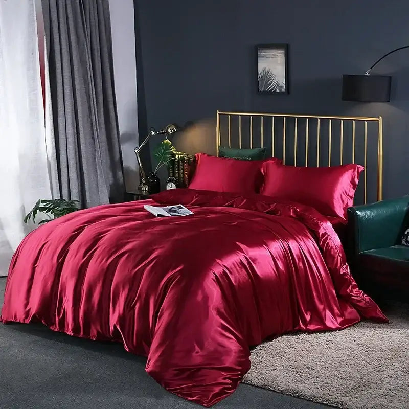 Decorbites™ luxurious bedding ensemble with rich crimson satin duvet cover and bed sheet pcs suitable for elegant bedrooms