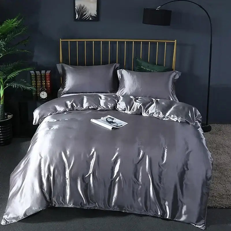 Shiny silver satin duvet cover set with matching pillowcases from DecorBites™ luxurious bedding ensemble pcs suitable