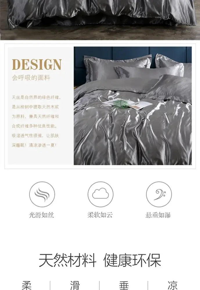 Silky silver satin bedding set by DecorBites™ featuring a glossy smooth finish bed sheet and duvet cover