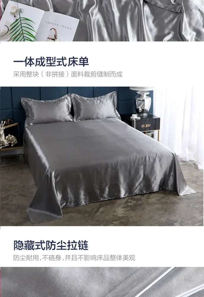 DecorBites™ luxurious silver satin bed sheet set pcs suitable with matching duvet cover crafted from seamless fabric