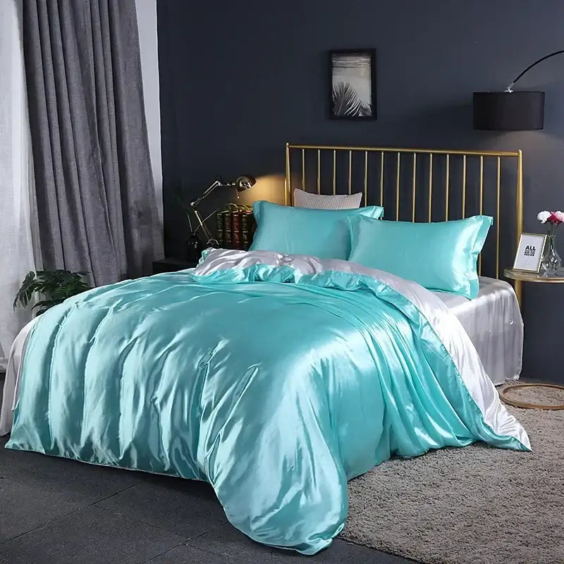 Turquoise satin duvet cover set with matching pillowcases from DecorBites™ luxurious bedding set pcs suitable for bedroom