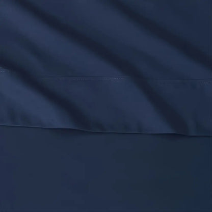 Dark navy blue satin pillowcase from decorbites™ luxurious cooling sheet set with subtle sheen and precise stitching
