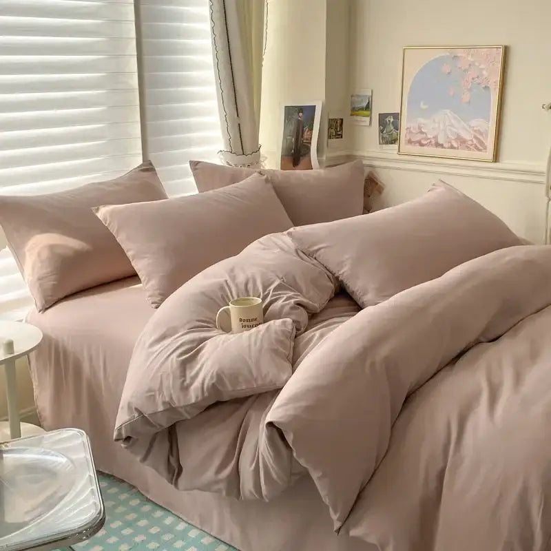 DecorBites™ luxurious cotton bedding set in soft blush pink with satin finish duvet cover and matching pillows for single and couple beds