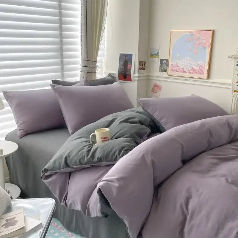 DecorBites™ luxurious cotton bedding set featuring a purple and gray duvet cover with soft plush fabric for single and couple beds