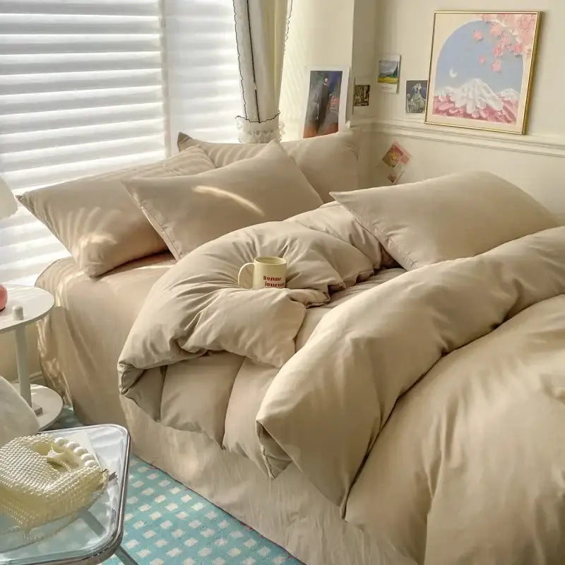 Beige quilted cotton bedding set with soft plush texture and matching pillowcases from DecorBites™ Luxurious Collection