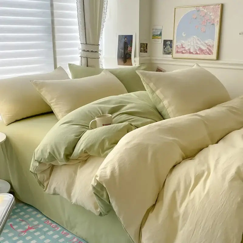 Decorbites™ luxurious cotton bedding set in soft pastel green and cream with a cozy layered duvet cover look