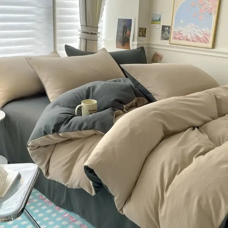 Beige and gray cotton bedding set with soft quilted texture in decorbites™ luxurious duvet cover for single and couple beds
