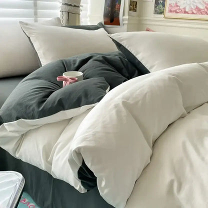 Decorbites™ luxurious cotton bedding set featuring a soft white and charcoal gray duvet cover with a plush texture