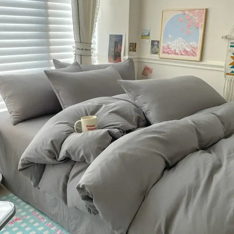 Gray duvet cover bedding set with matching pillows featuring soft and cozy cotton texture by DecorBites™ for single and couple beds