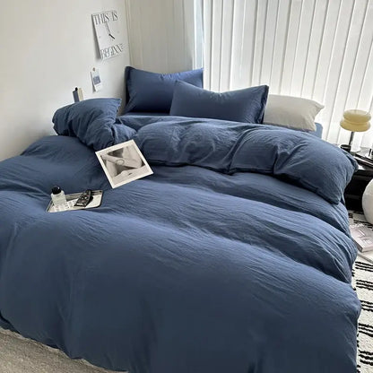 DecorBites™ luxurious cotton bedding set featuring a blue linen-like duvet cover with matching pillows and cozy texture