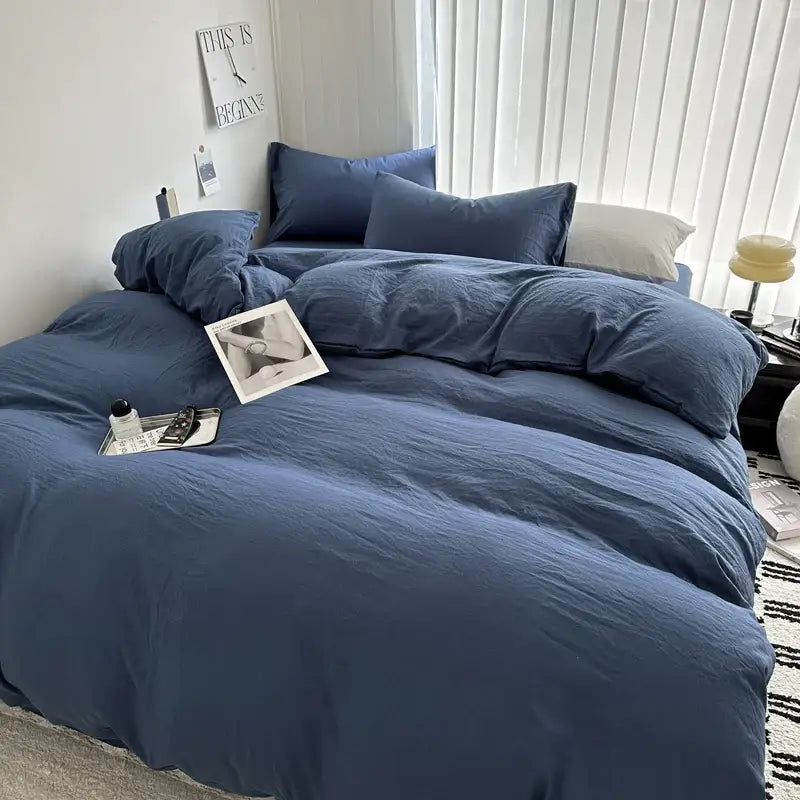 Blue linen-like decorbites™ luxurious cotton bedding set with matching pillows and cozy texture in various sizes