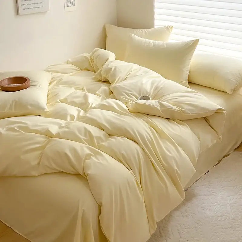 Cream-colored plush quilted comforter with satin-like finish in decorbites™ luxurious cotton bedding set