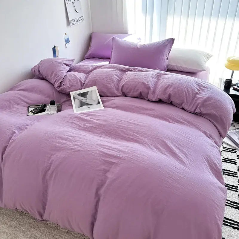 DecorBites™ luxurious cotton bedding set in plush lavender with soft textured fabric and matching pillows