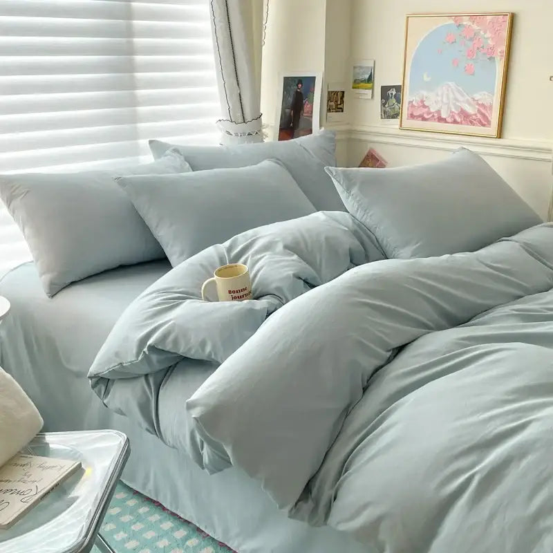 DecorBites™ luxurious cotton bedding set features a soft light blue satin-like duvet cover and pcs bed sheet in various sizes