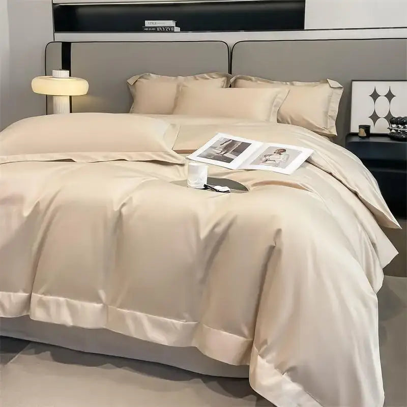 Beige satin duvet cover set with matching pillowcases in decorbites™ luxurious egyptian cotton 1000tc bedding set