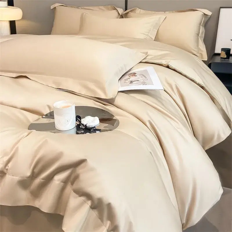 Beige satin decorbites™ luxurious egyptian cotton bedding set featuring smooth duvet cover and fitted sheet with 1000tc