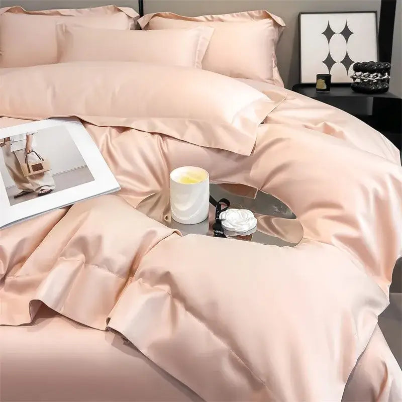Blush pink satin duvet cover and fitted sheet from decorbites™ luxurious egyptian cotton bedding set 1000tc