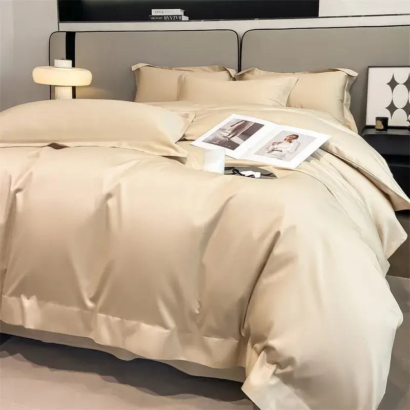 Cream-colored satin duvet cover set with pleated edges from decorbites™ luxurious egyptian cotton bedding set 1000tc