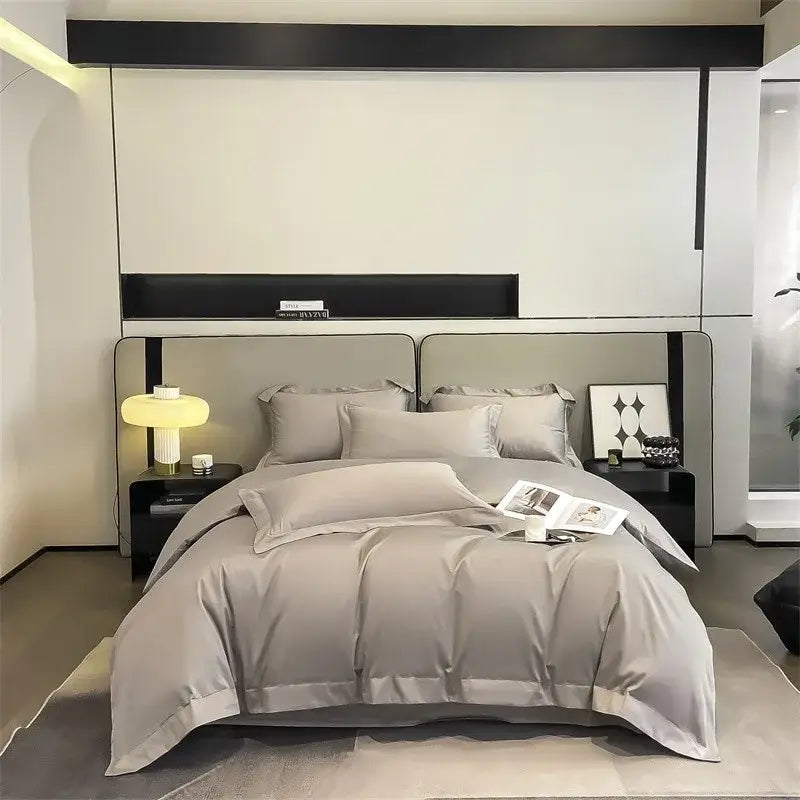 Gray satin duvet cover set with matching pillows on a modern bed from DecorBites™ 1000TC egyptian cotton bedding set