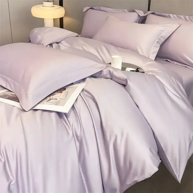 Lavender satin duvet cover and fitted sheet set with matching pillows from decorbites luxurious 1000tc egyptian cotton bedding set