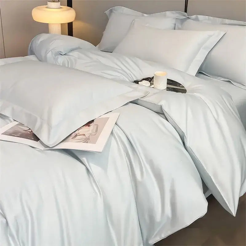 Light blue 1000TC satin duvet cover and fitted sheet from DecorBites™ luxurious Egyptian cotton bedding set