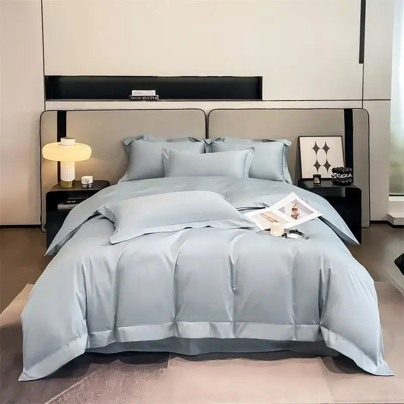 Light blue satin-like decorbites™ luxurious egyptian cotton bedding set with subtle sheen includes duvet cover and fitted sheet
