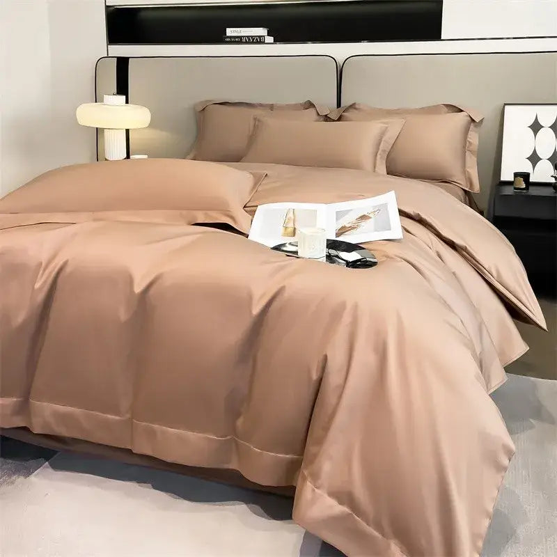 DecorBites™ taupe satin duvet cover and fitted sheet in luxurious Egyptian cotton with smooth glossy finish and stitched edges