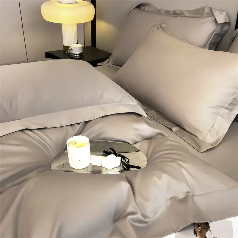 Silk-gray satin duvet cover and fitted sheet from decorbites luxurious egyptian cotton bedding set 1000tc with smooth finish