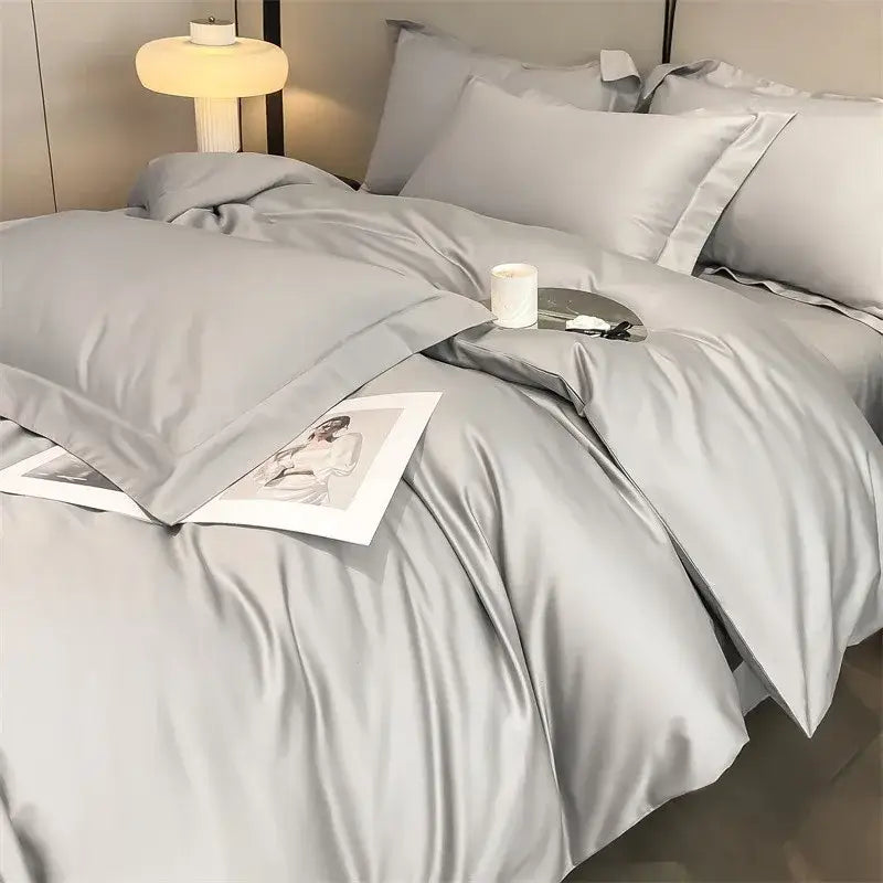 Silk-gray satin decorbites™ luxurious egyptian cotton bedding set with duvet cover fitted sheet and matching pillows