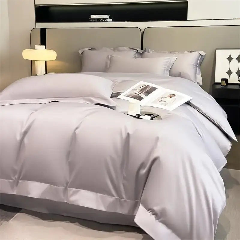 DecorBites luxurious silver-gray satin duvet cover set with fitted sheet made from 1000tc Egyptian cotton