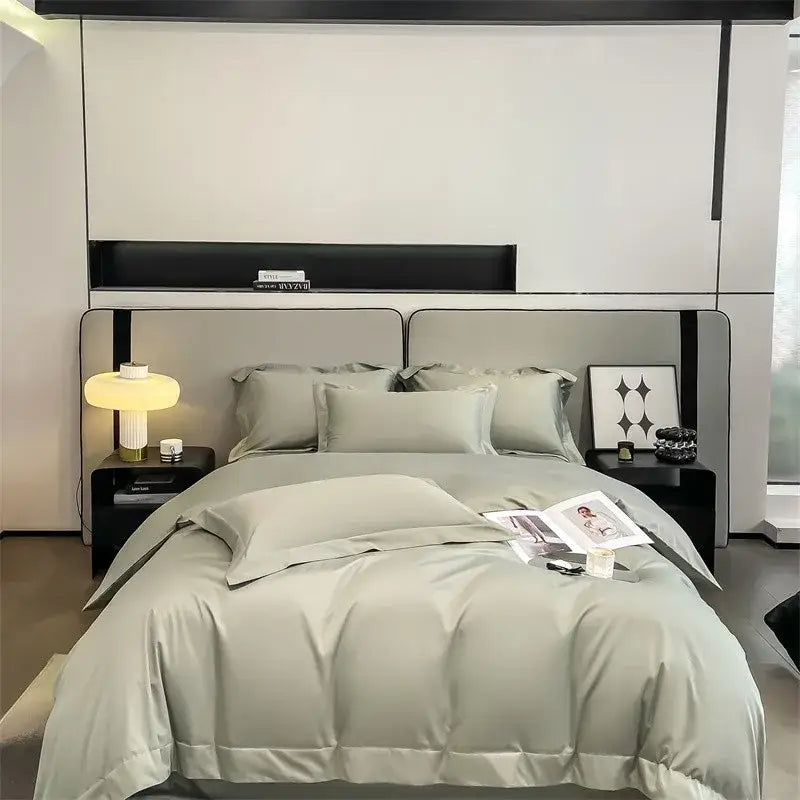 Decorbites™ luxurious egyptian cotton duvet cover set in sleek sage green satin with subtle sheen and fitted sheet included