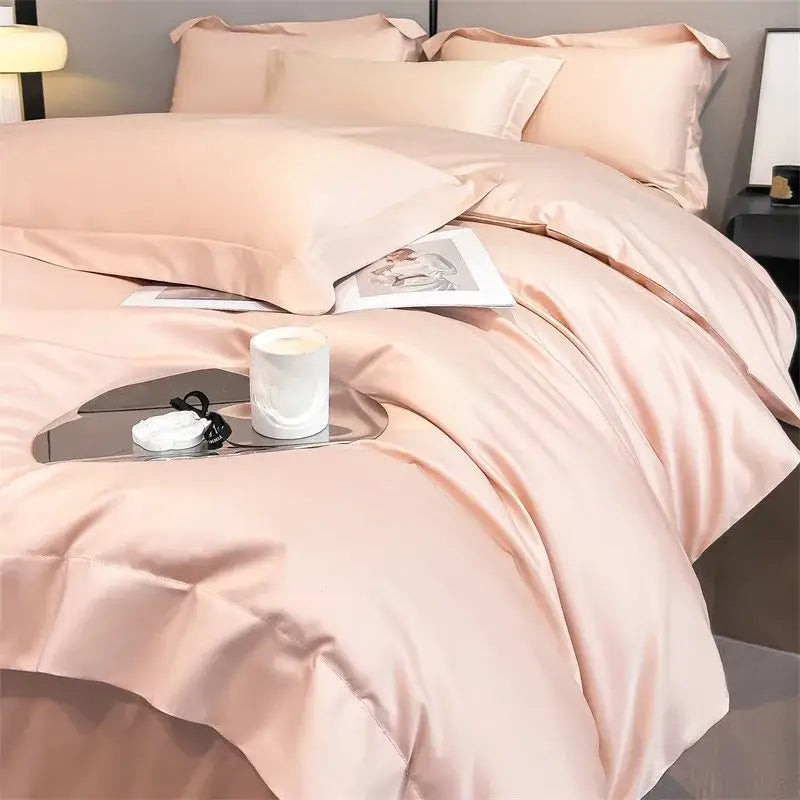 DecorBites Luxurious Egyptian cotton duvet cover set in soft blush pink satin with smooth texture and fitted sheet included