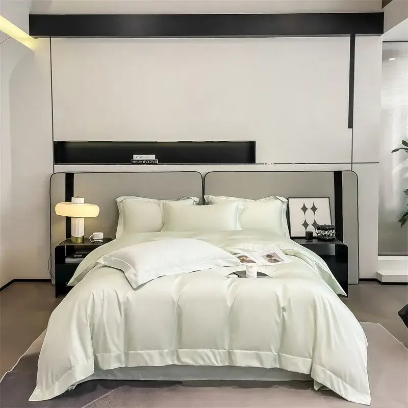 Decorbites™ luxurious egyptian cotton duvet cover set in white satin with smooth glossy finish and elegant stitched detailing