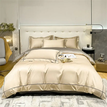 Beige satin duvet cover set with black piping trim in decorbites luxurious egyptian cotton embroidered bedding set