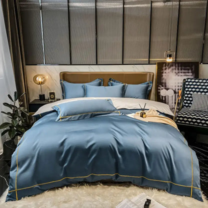 Decorbites™ luxurious egyptian cotton blue satin duvet cover bedding set with gold trim for elegant bedroom decor