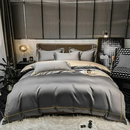 Gray satin egyptian cotton duvet cover bedding set with gold trim from DecorBites luxurious embroidered collection