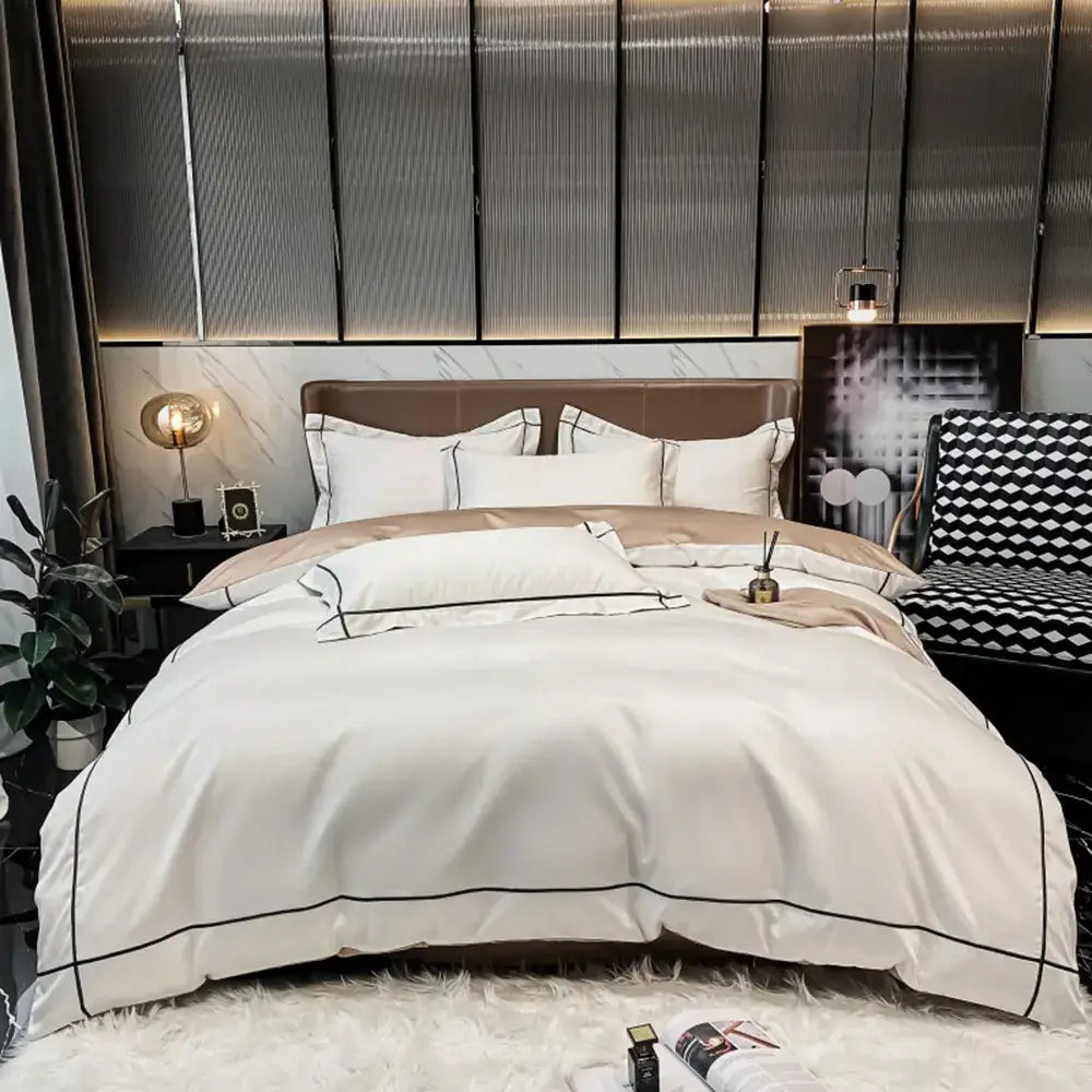 White satin egyptian cotton duvet cover with black piping trim from decorbites luxurious bedding set