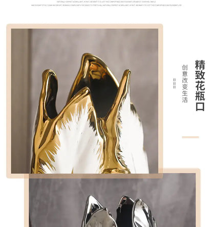 DecorBites™ luxurious gold ceramic vase with glossy white finish and crown-like design for elegant home decor