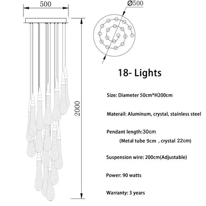 Elegant DecorBites™ luxurious gold crystal light chandelier with 18 cascading teardrops for modern staircase lighting