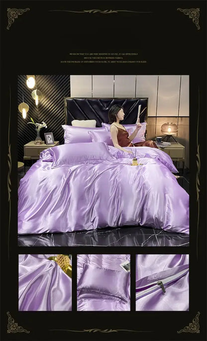 Lavender satin duvet cover bedding set with smooth glossy finish and matching fitted sheet by DecorBites™ Mulberry Silk