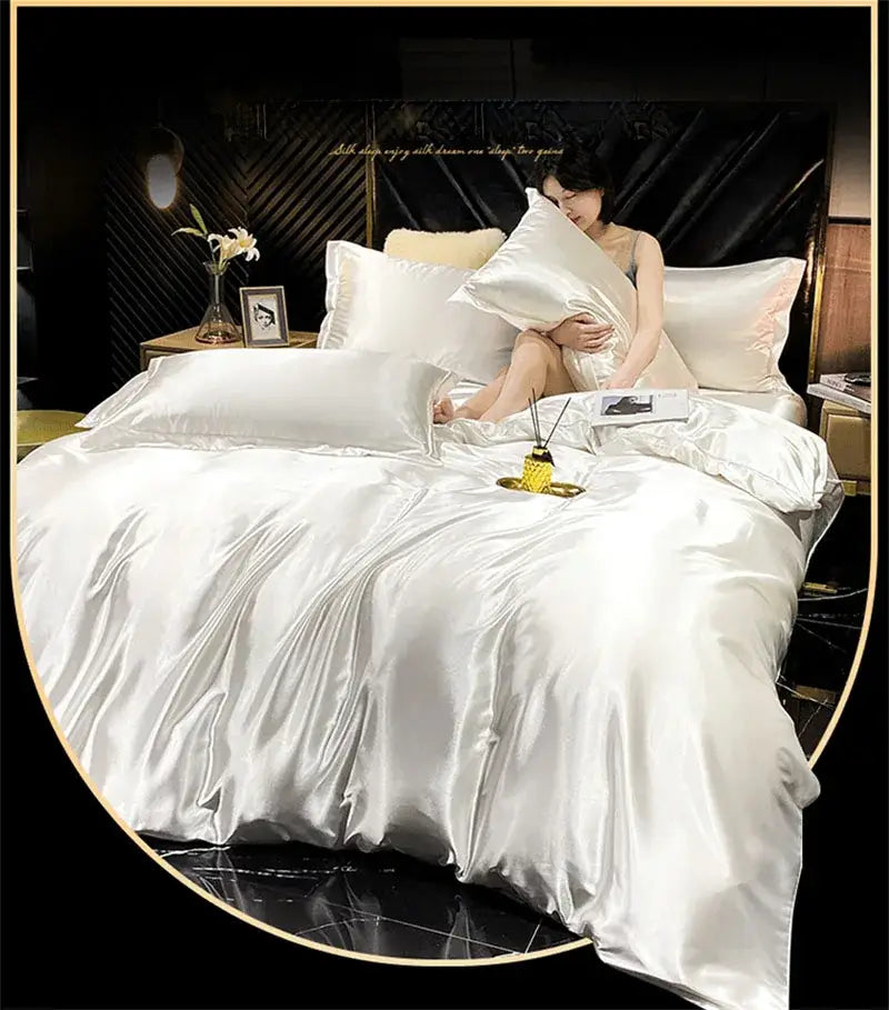 White satin decorbites™ luxurious mulberry silk bedding set with glossy finish king queen duvet cover