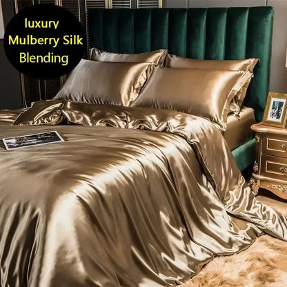 Glossy gold satin duvet cover and fitted sheet bedding set with luxurious mulberry silk blend by DecorBites queen king size