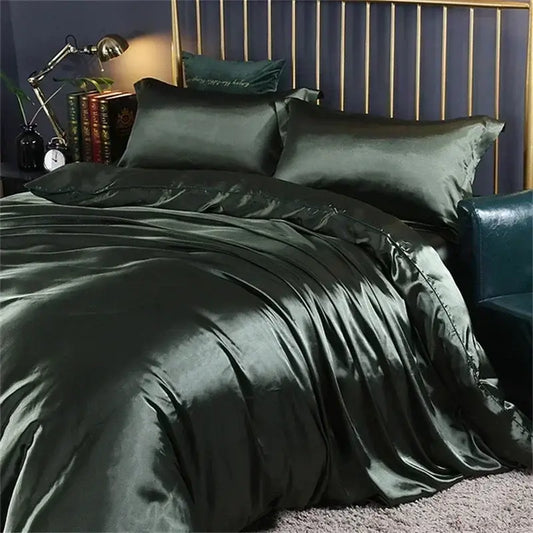 Dark green satin duvet cover and fitted sheet from decorbites luxuriously smooth bedding set in queen and king sizes