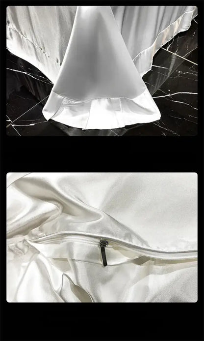 White satin pillowcase with ruffled edge and zipper closure from the decorbites mulberry silk bedding set