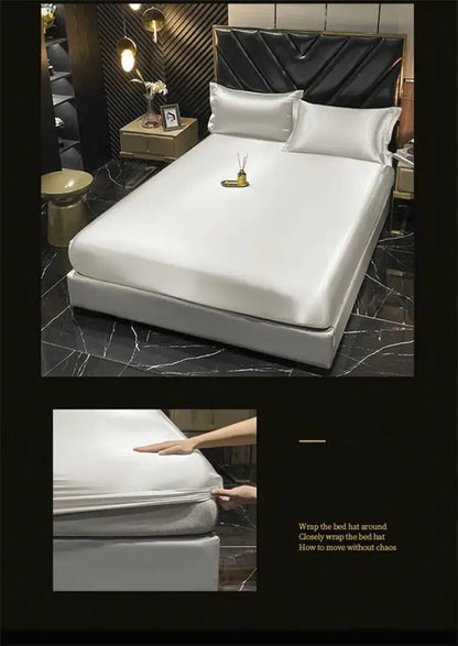 White satin bed hat with elasticized edges for a snug fit in the DecorBites™ mulberry silk bedding set