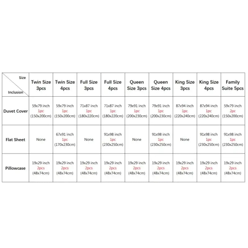 Detailed size chart for decorbites luxurious nordic silk bedding set showing pcs duvet cover dimensions and width bed options