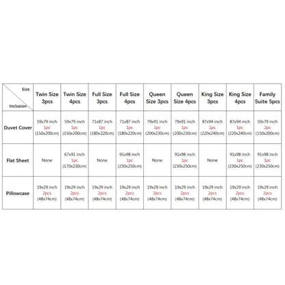 Detailed size chart for decorbites™ luxurious nordic silk bedding set for couples showing pcs duvet cover and width bed options